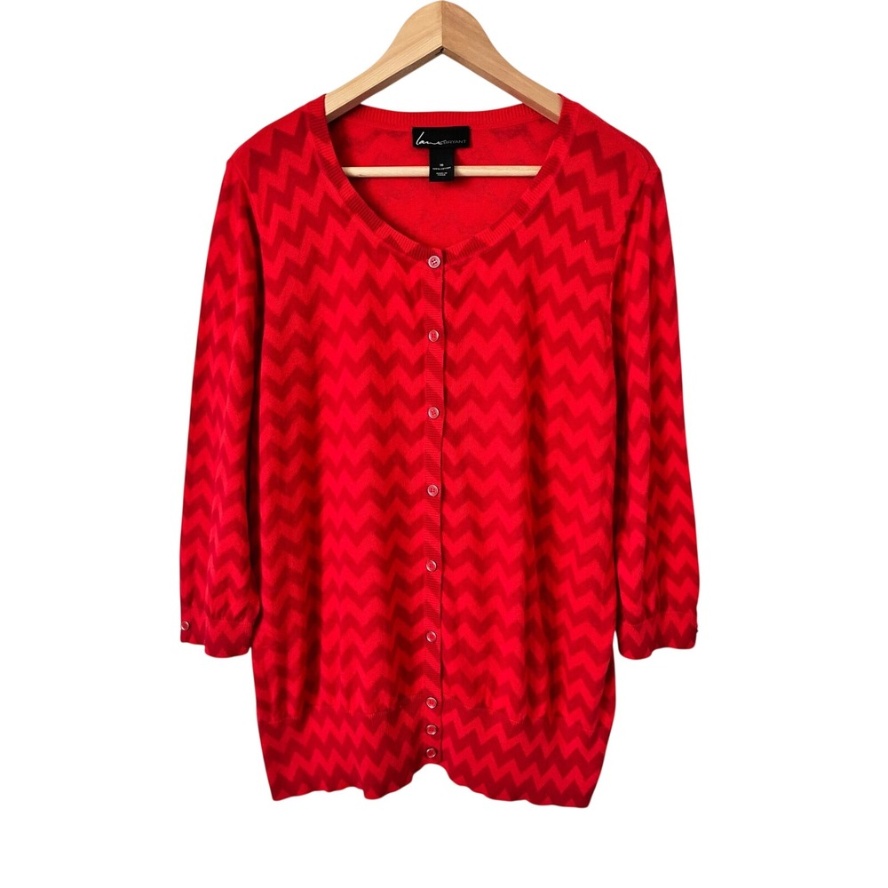 Lane Bryant Red Chevron Cardigan Sweater Retro Colorful 100% Cotton‎ Size 16